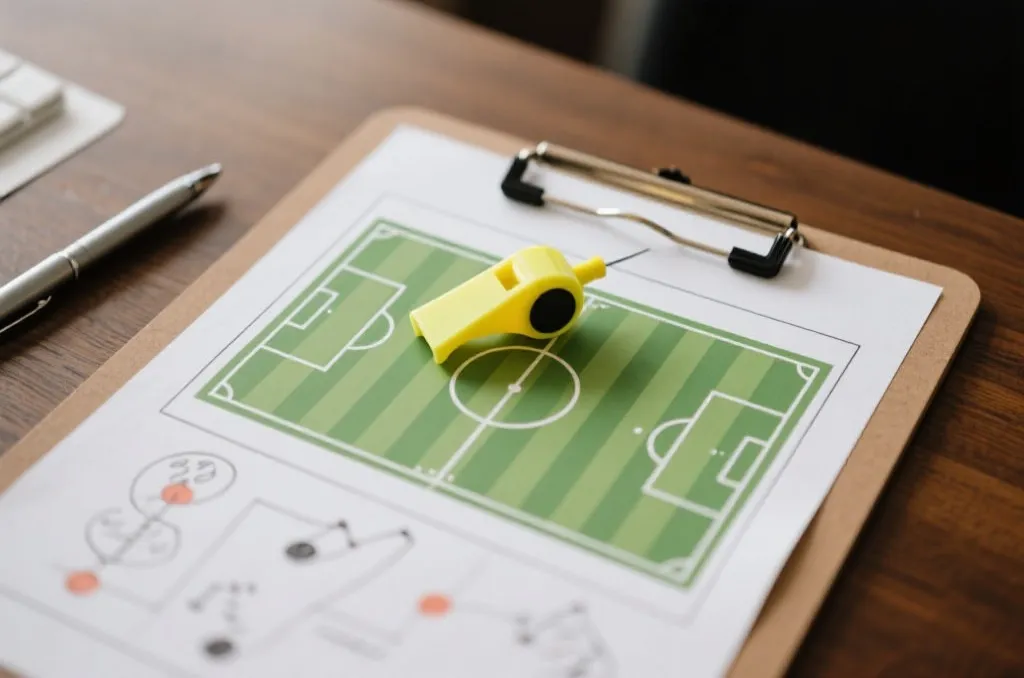 A tactical planning clipboard showing a football field diagram and strategy notes