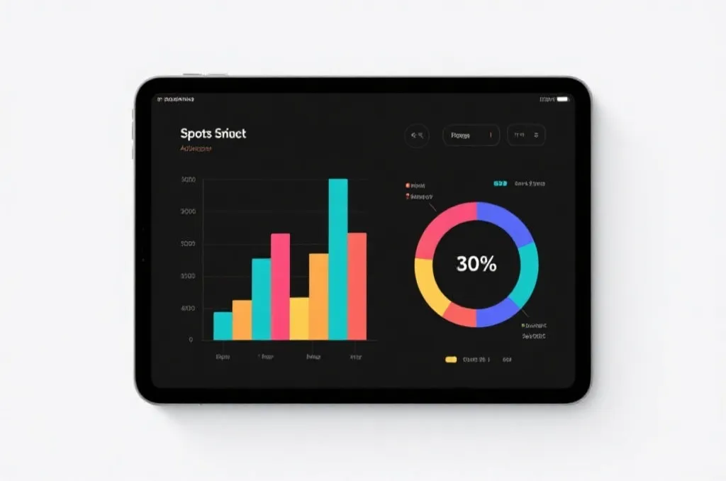 An abstract sports analytics interface on a tablet screen showing colorful bar charts and percentage distributions, minimalist design